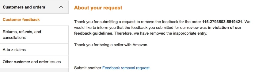 Negative feedback removal request