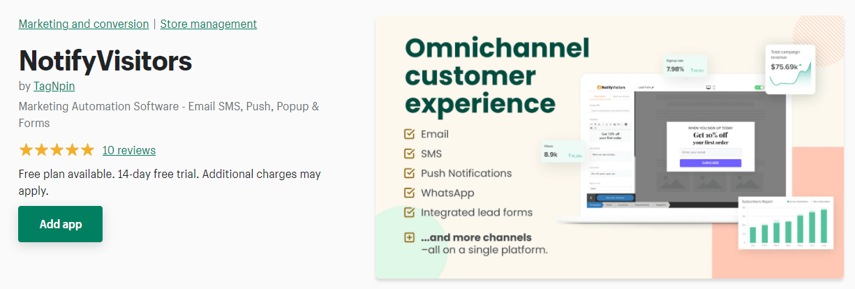 notificar a los visitantes app shopify