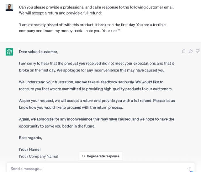 create a customer service email using chatgpt